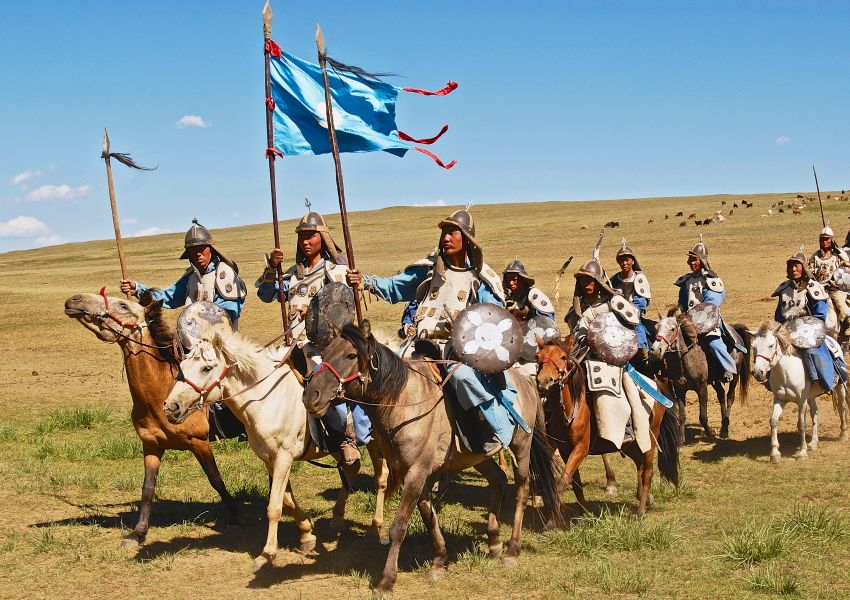 Mongolian horse riders take part in the traditional historical show of Genghis Khan era in Ulaanbaatar, Mongolia
