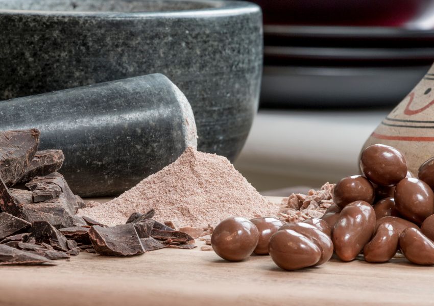 Chocolate in various forms: ground up, bars, and chocolate covered fruit