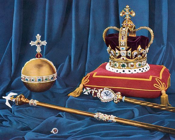 St Edward's Crown, the Crown of England, the gold Orb, the Sceptre with the Cross, Sceptre with the Dove, and the Ring