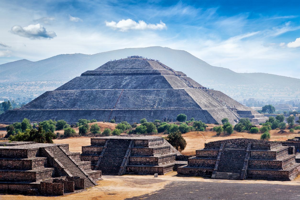 Panorama of Teotihuacan Pyramids with mountains in the background