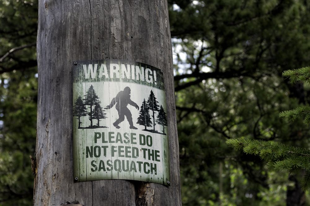 Sign on wooden pole warning visitors of Sasquatch at Rocky Mountain National Park, Colorado