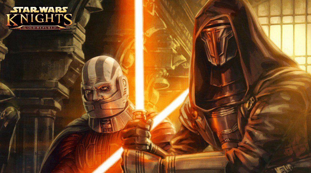 Artwork for Star Wars Knights of the Old Republic video game depicting two characters with light sabers