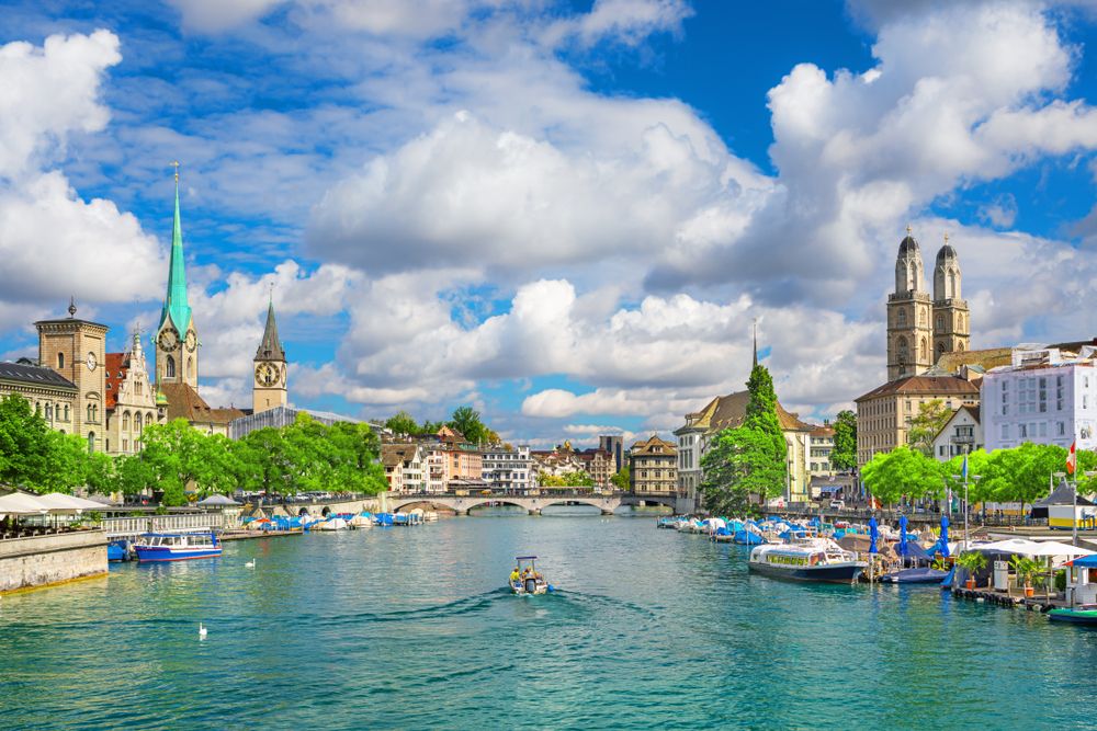 Aerial view of scenic waterways and buildings at the Zurich city center, Switzerland