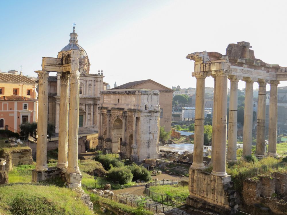 Aerial view of the Ancient Roman Forum showing ruins and pillars
