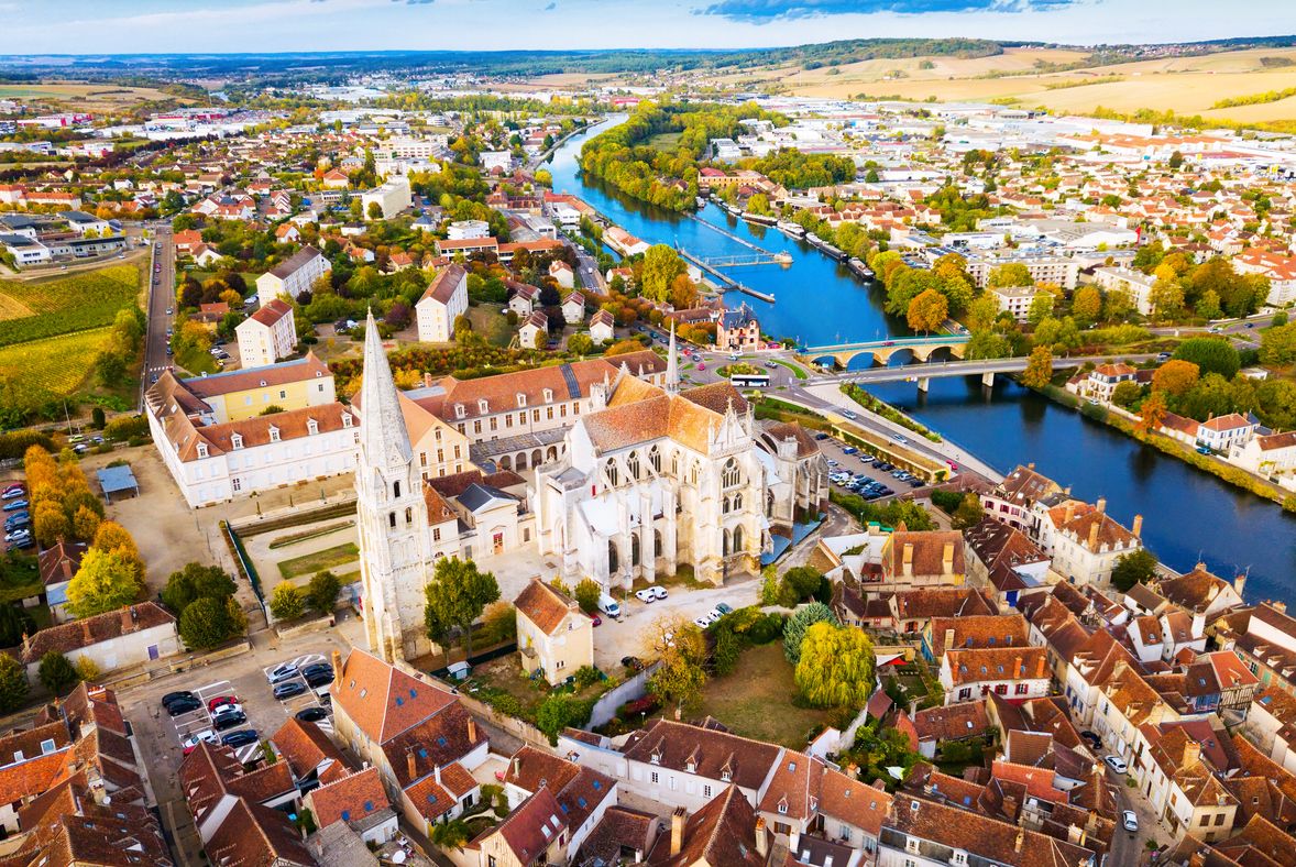 Aerial view of Auxerre, France with view of church and river