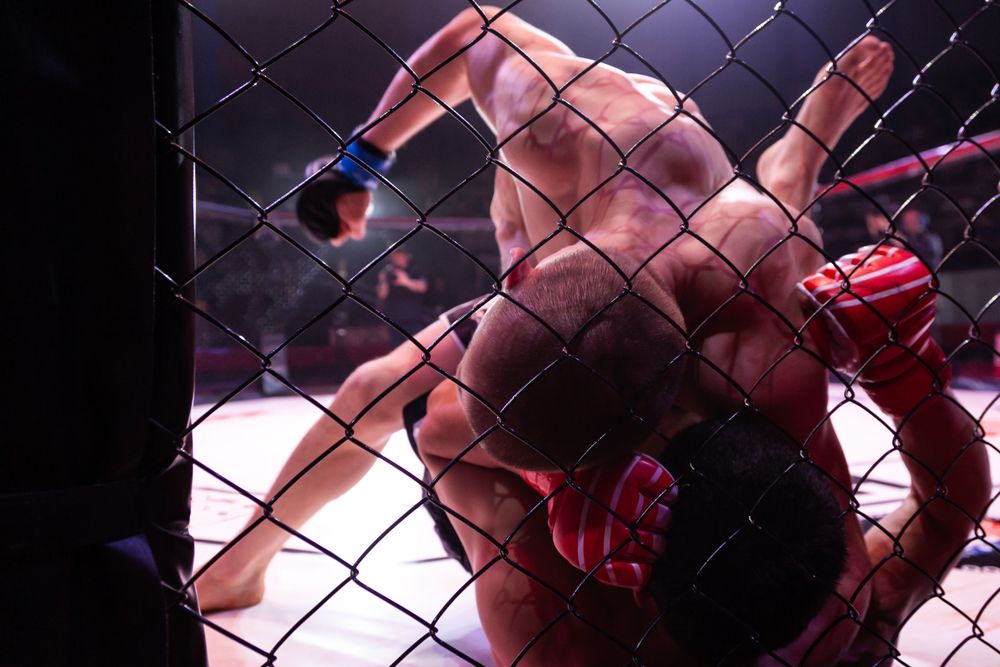 Two martial artists grapple and fight in close combat arena cage match