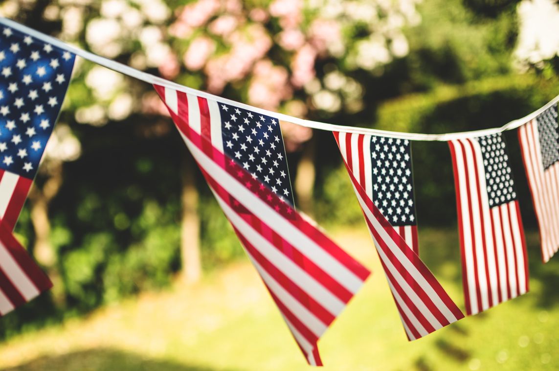 American flags on a rope in a yard