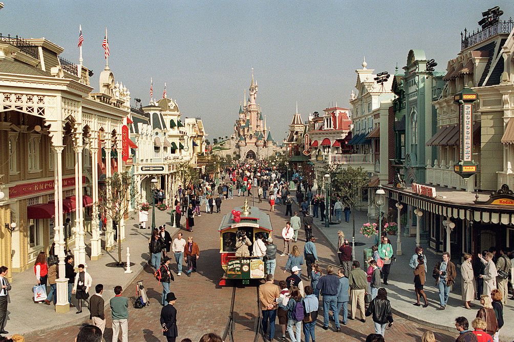 Euro Disney from above with crowd of people and trolley