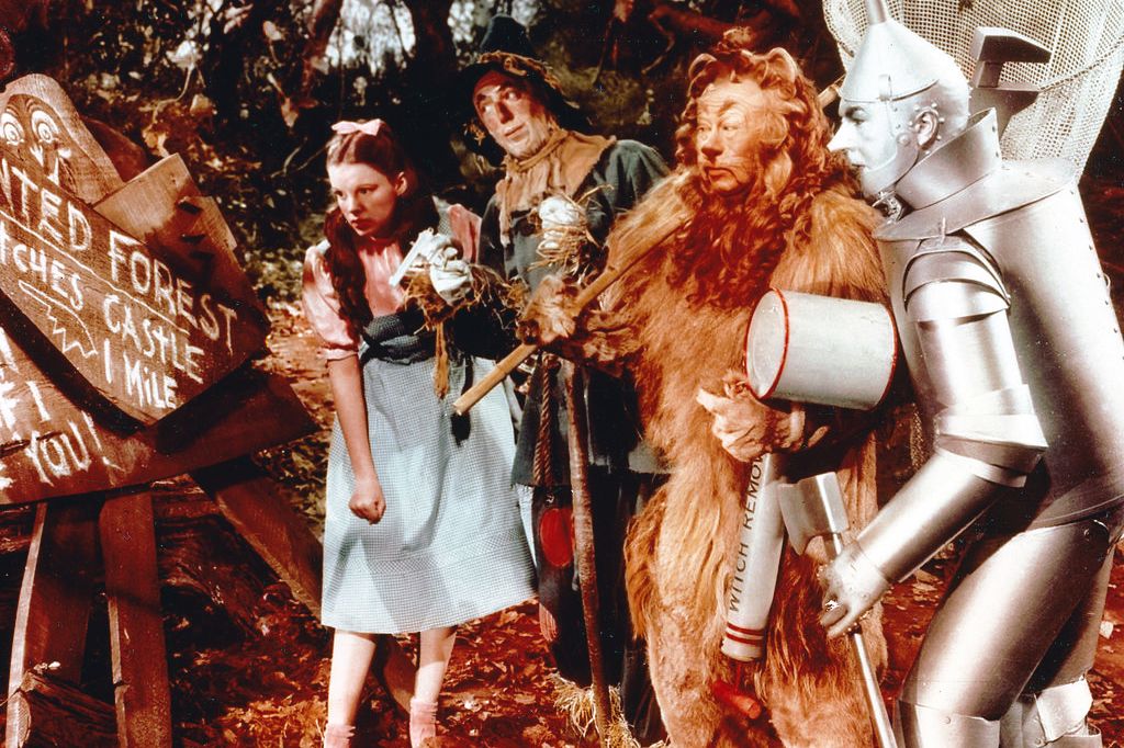 Cast of Wizard of Oz including the Lion, Scarecrow, the Tin Man and Dorothy