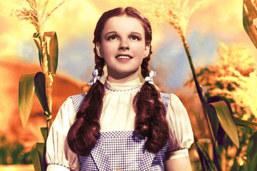 Dorothy from the Wizard of Oz standing in front of a field with famous blue checkered dress on