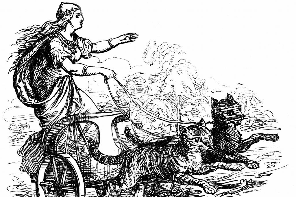 The goddess Freya on a chariot being pulled by two cats