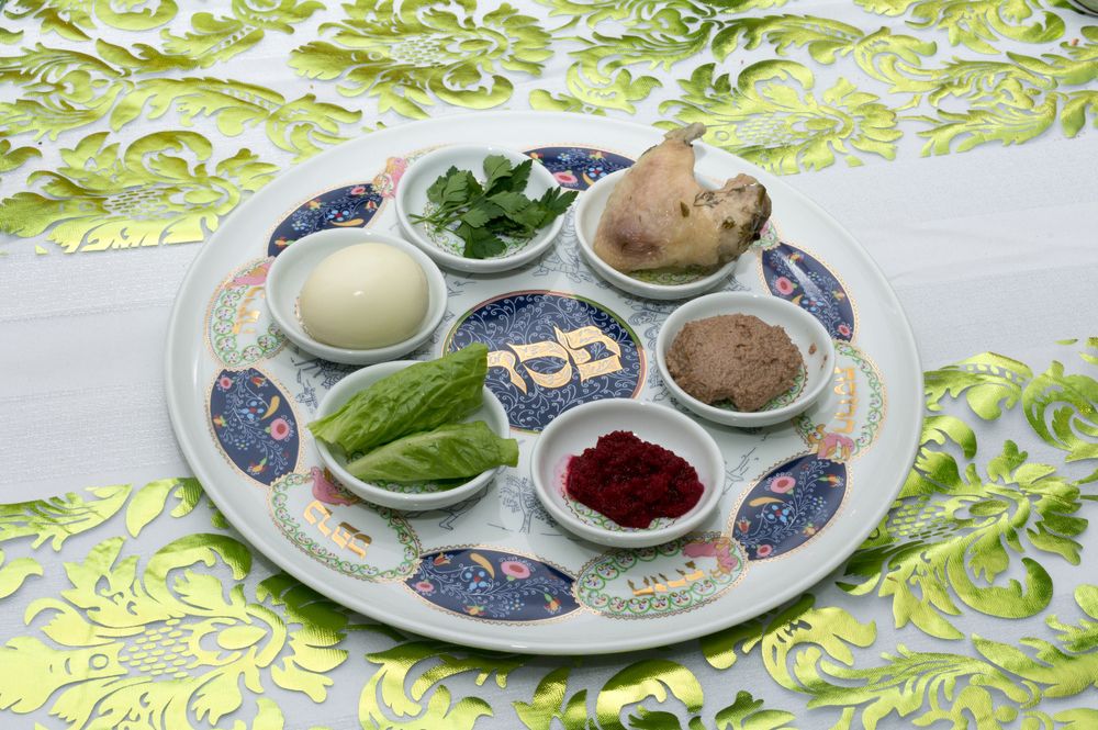 Traditional Passover Seder plate with six different types of food
