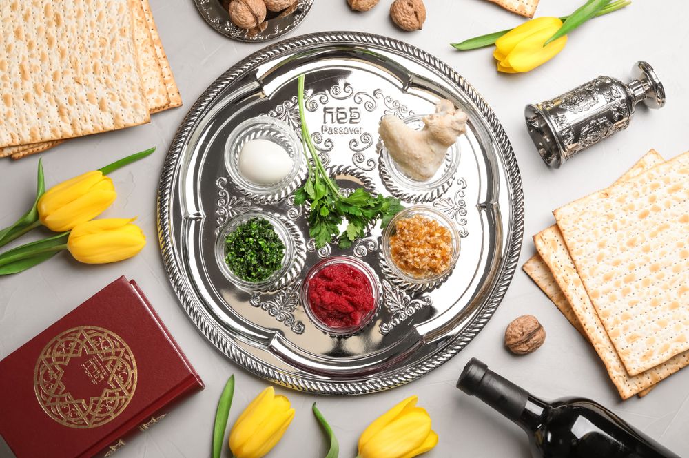 Flat lay composition with symbolic Passover items