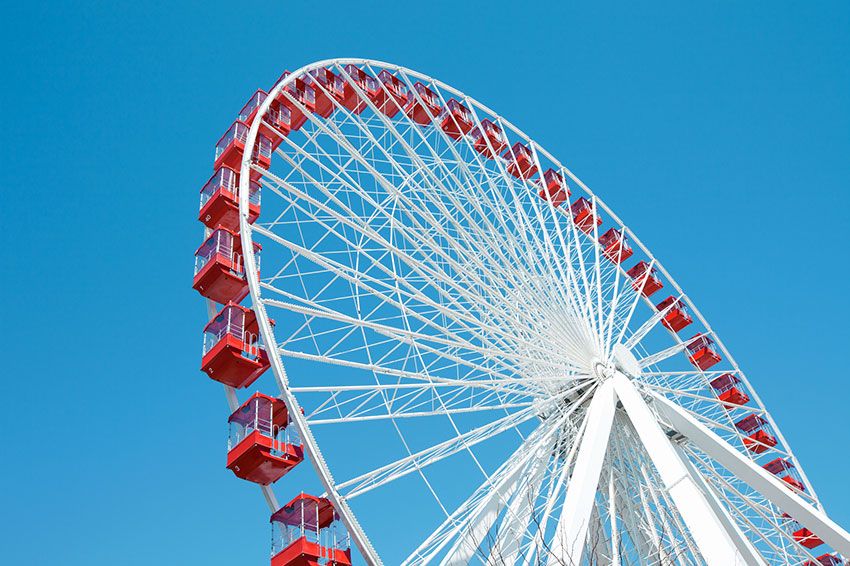 Ferris Wheel against a blue sky in Chicago