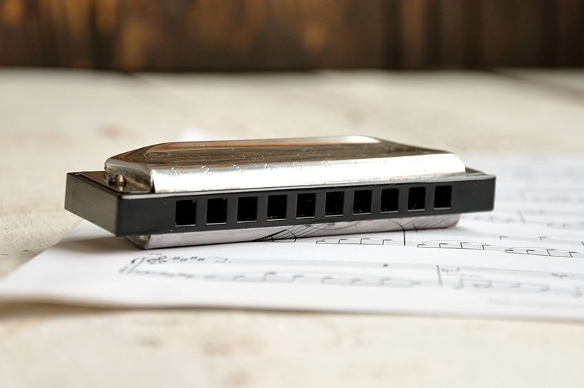 Close up of a harmonica on a piece on sheet music.