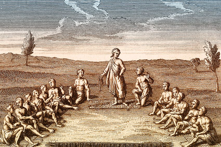 Engraving showing the five Iroquois nations meeting.