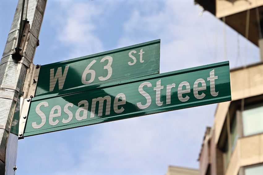 Sesame Street Sign at Intersection of West 63rd Street and Broadway in Manhattan.