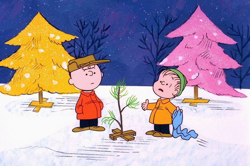 Still from “A Charlie Brown Christmas” showing Charlie Brown and Linus outside with their tree.