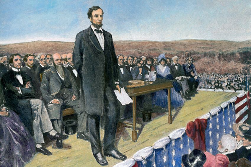 Painting of Abraham Lincoln delivering the Gettysburg Address.